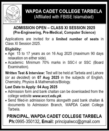 Admission Open in WAPDA Cadet College Tarbela